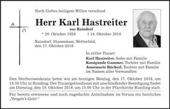Traueranzeige Karl Hastreiter