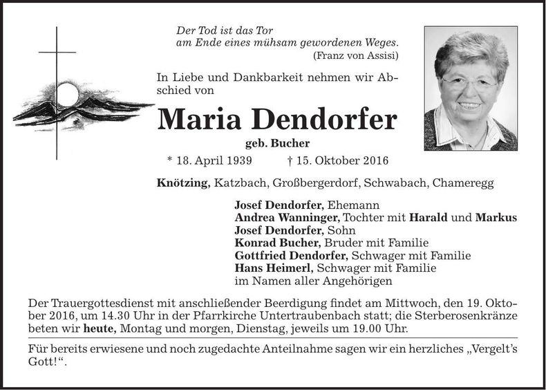Traueranzeige Maria Dendorfer