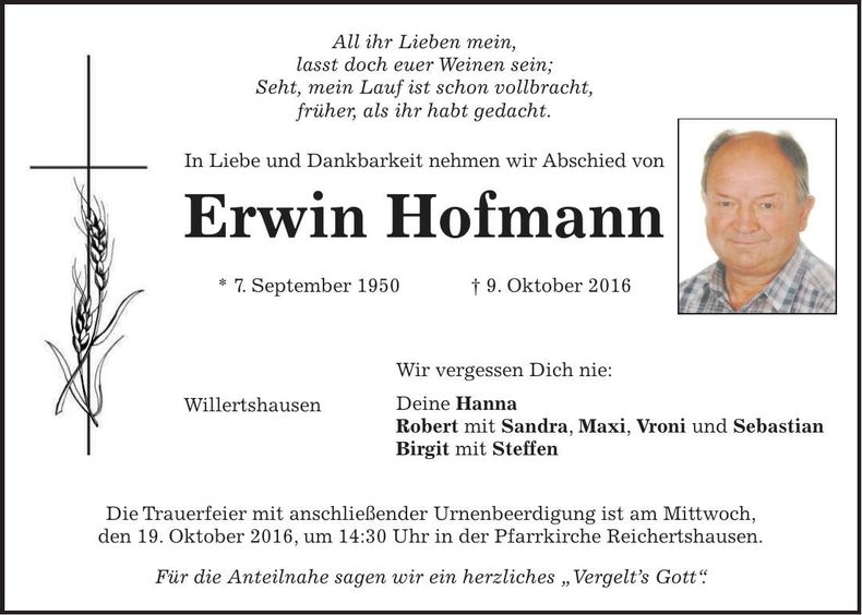 Traueranzeige Erwin Hofmann