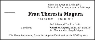 Traueranzeige Theresia Magura