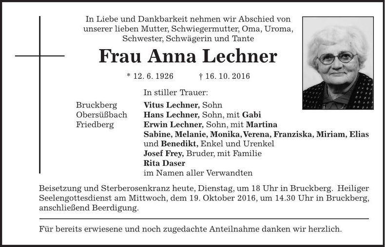 Traueranzeige Anna Lechner