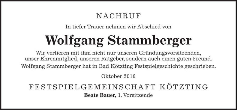 Traueranzeige Wolfgang Stammberger