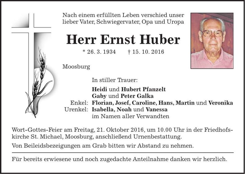 Traueranzeige Ernst Huber