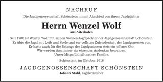 Traueranzeige Wenzel Wolf