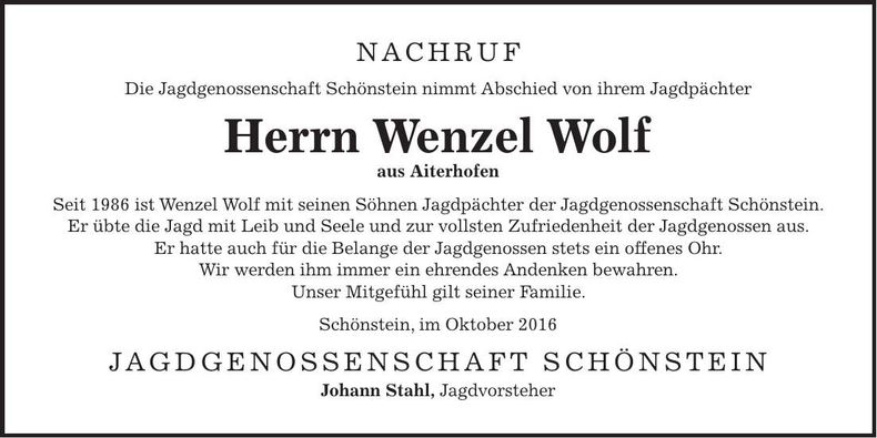 Traueranzeige Wenzel Wolf