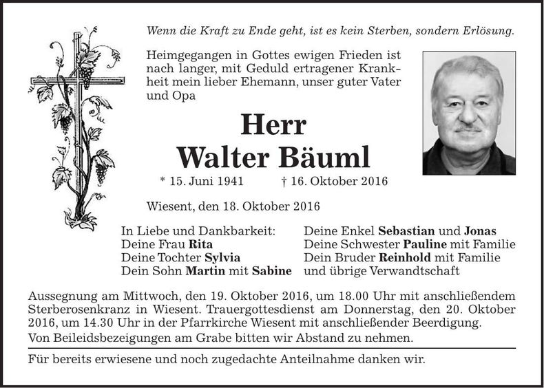 Traueranzeige Walter Bäuml