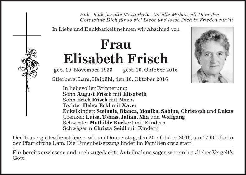 Traueranzeige Elisabeth Frisch
