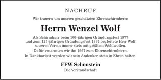 Traueranzeige Wenzel Wolf