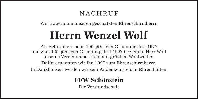 Traueranzeige Wenzel Wolf