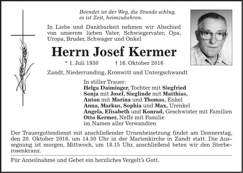 Traueranzeige Josef Kermer