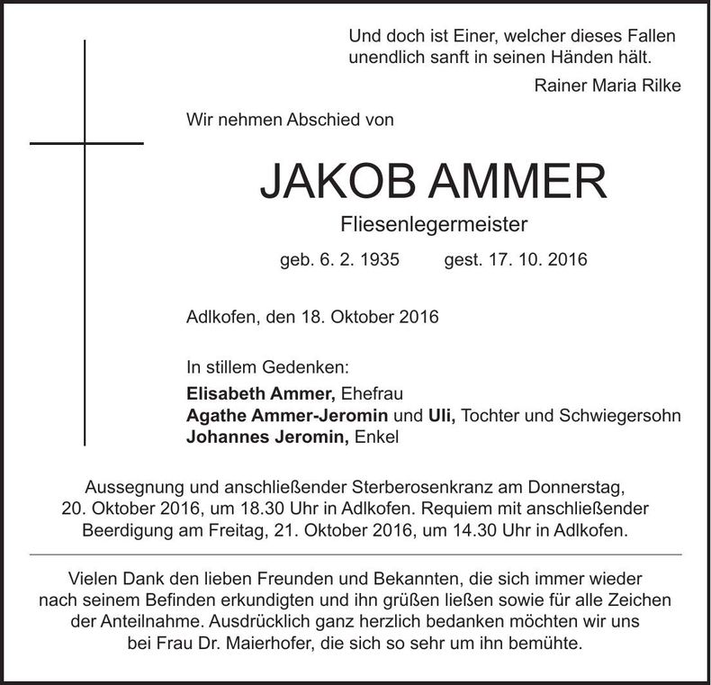 Traueranzeige Jakob Ammer