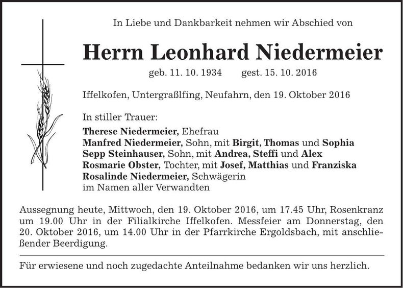 Traueranzeige Leonhard Niedermeier