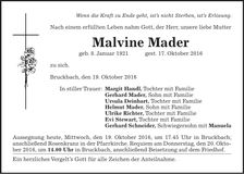 Traueranzeige Malvine Mader