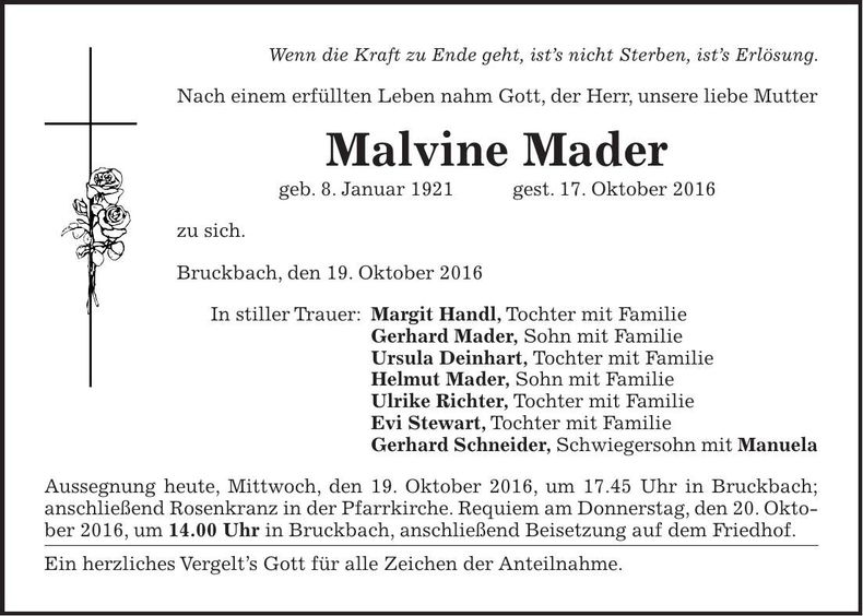 Traueranzeige Malvine Mader