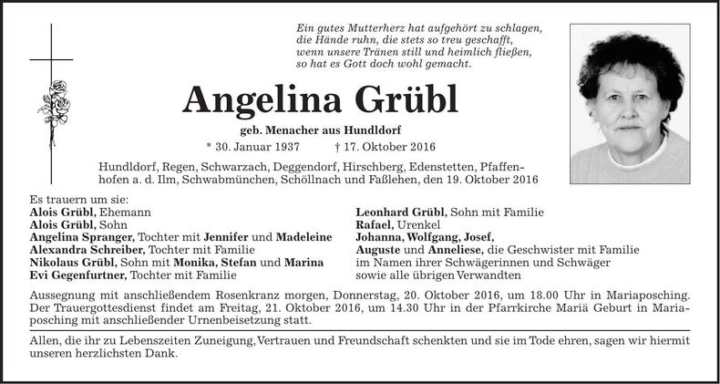 Traueranzeige Angelina Grübl