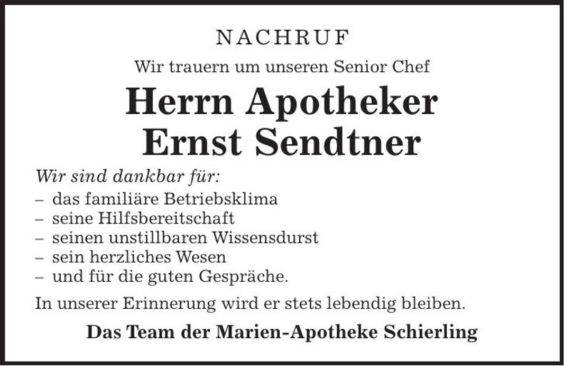 Traueranzeige Ernst Sendtner