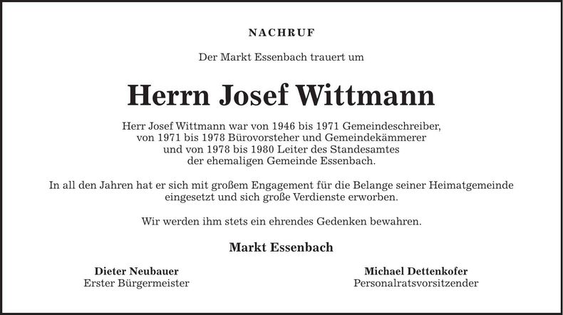 Traueranzeige Josef Wittmann