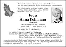 Traueranzeige Anna Pohmann