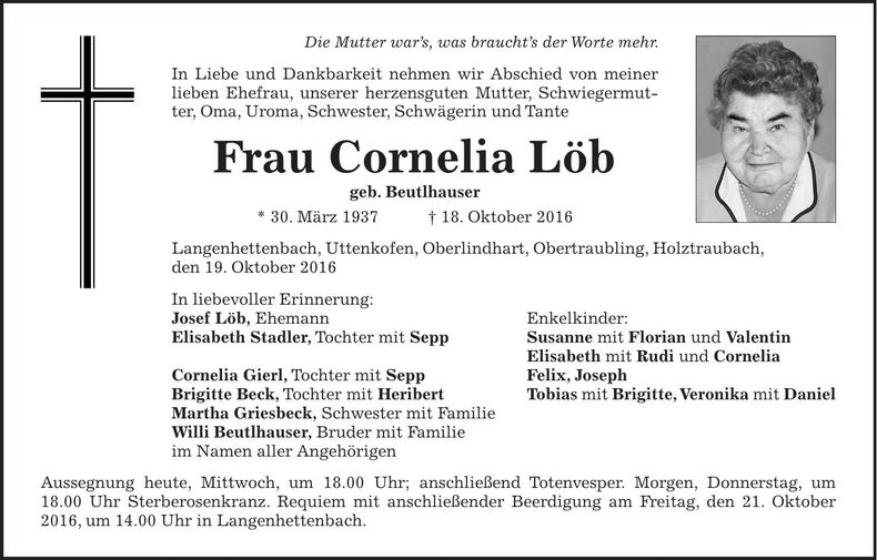 Traueranzeige Cornelia Löb
