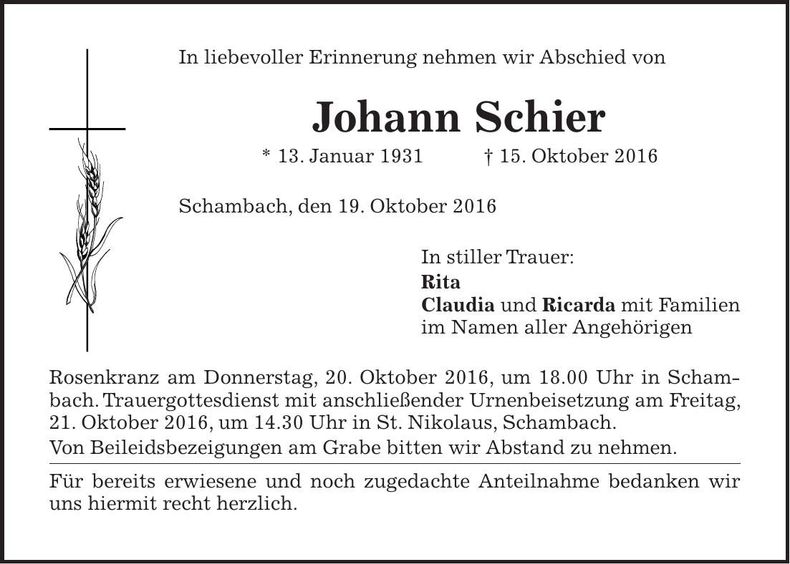 Traueranzeige Johann Schier