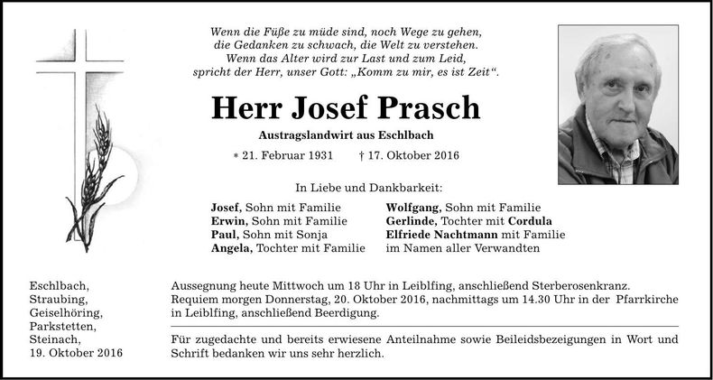 Traueranzeige Josef Prasch