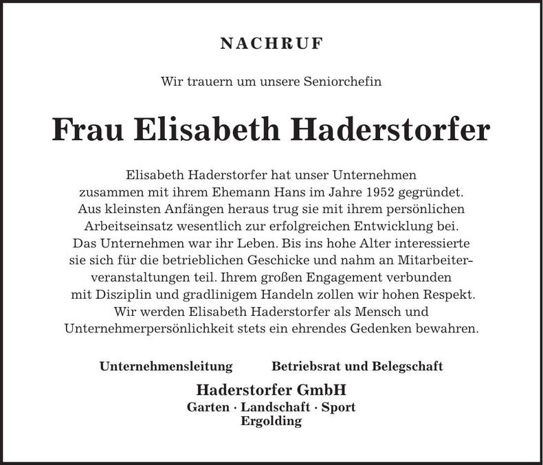Traueranzeige Elisabeth Haderstorfer