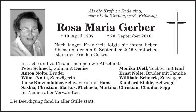 Traueranzeige Rosa Maria Gerber