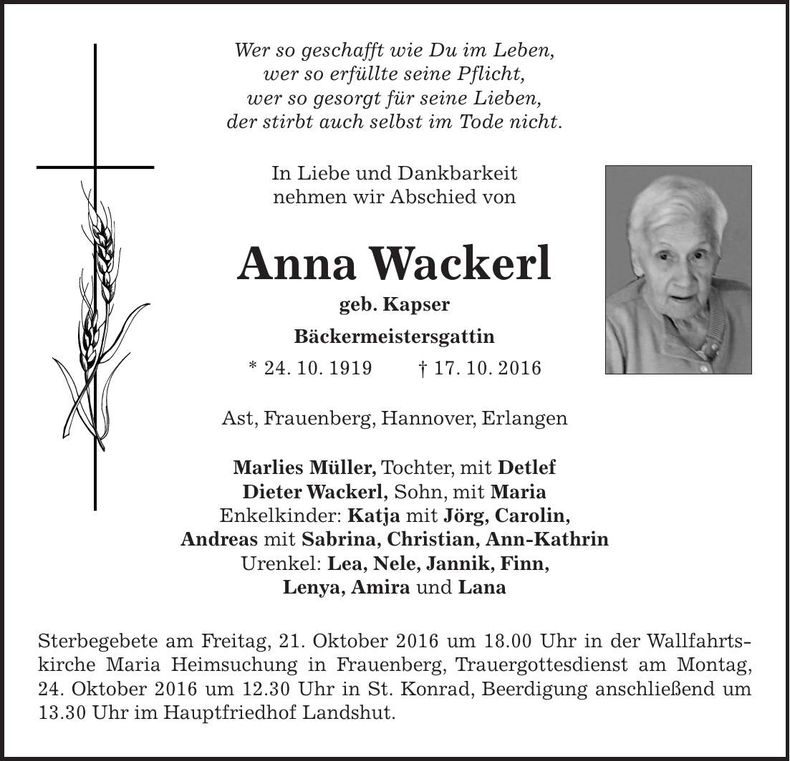 Traueranzeige Anna Wackerl
