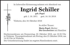 Traueranzeige Ingrid Schiller