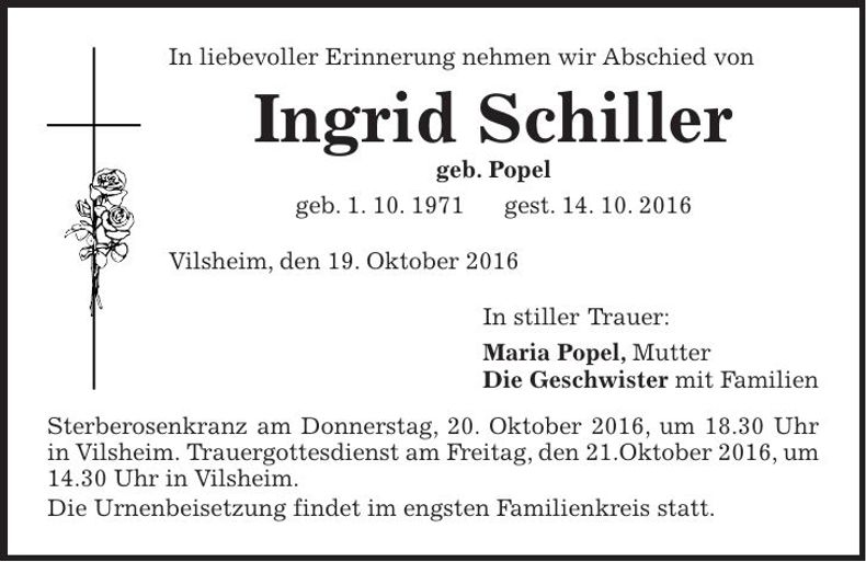 Traueranzeige Ingrid Schiller
