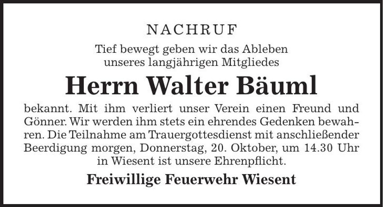 Traueranzeige Walter Bäuml