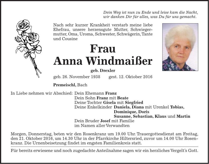Traueranzeige Anna Windmaißer