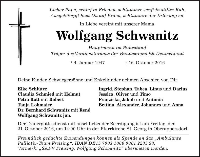 Traueranzeige Wolfgang Schwanitz