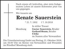Traueranzeige Renate Sauerstein