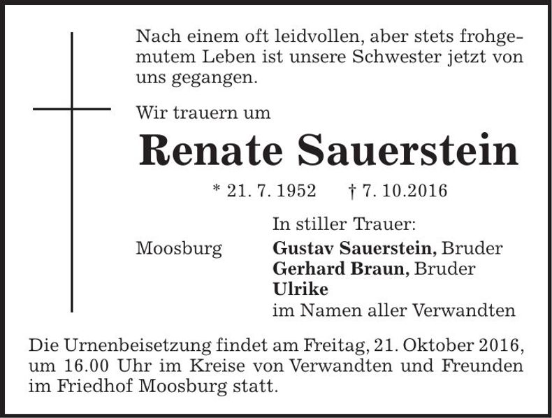 Traueranzeige Renate Sauerstein
