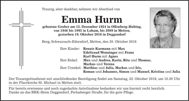Traueranzeige Emma Hurm