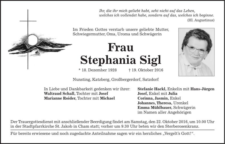 Traueranzeige Stephania Sigl