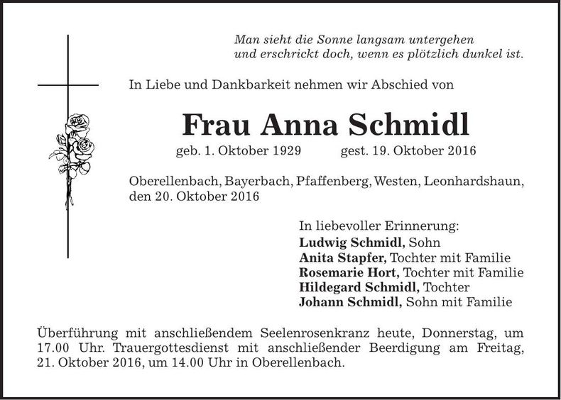 Traueranzeige Anna Schmidl