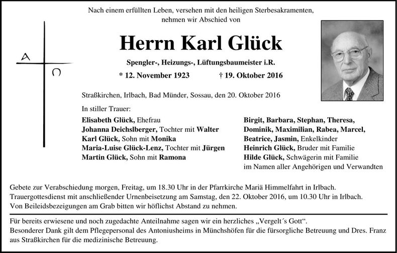 Traueranzeige Karl Glück