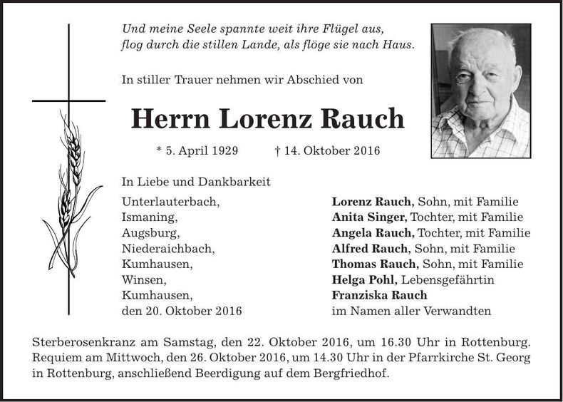 Traueranzeige Lorenz Rauch