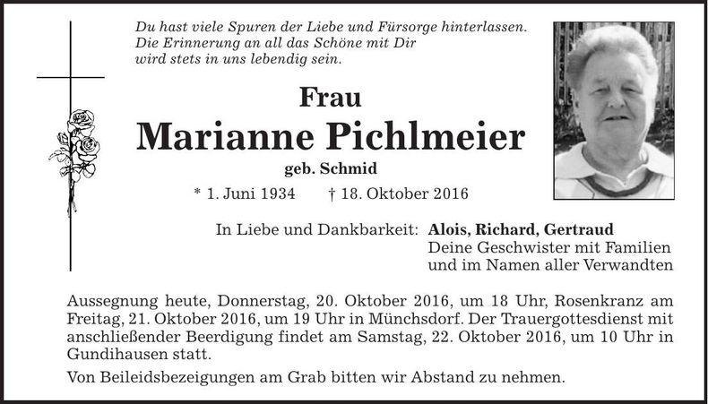 Traueranzeige Marianne Pichlmeier