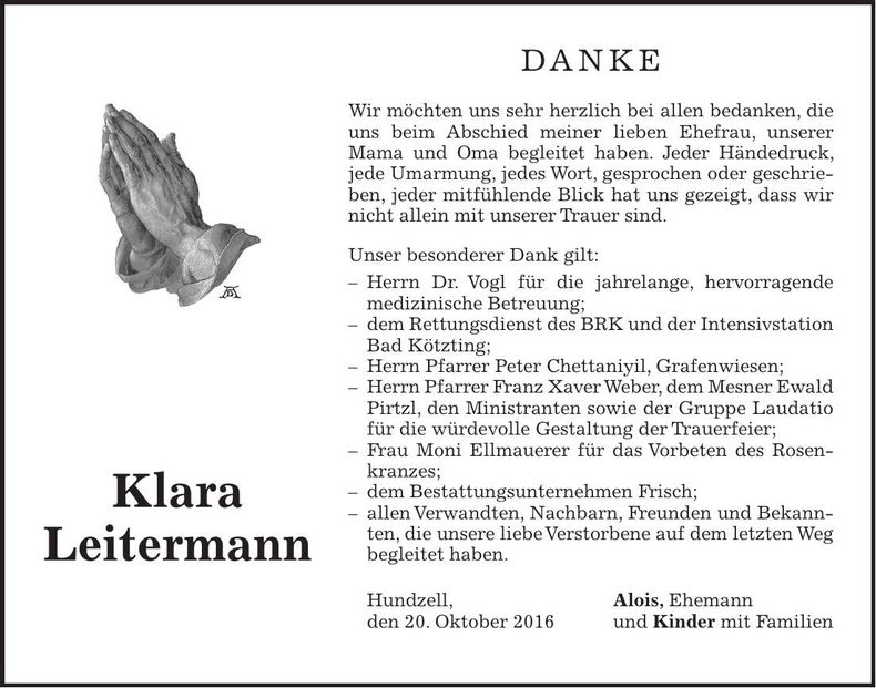 Traueranzeige Klara Leitermann