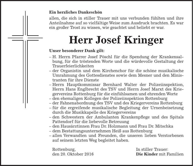 Traueranzeige Josef Kringer