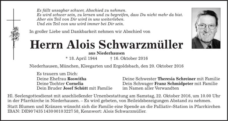 Traueranzeige Alois Schwarzmüller