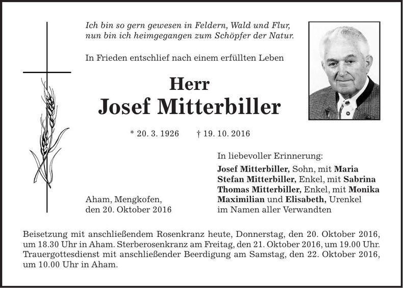 Traueranzeige Josef Mitterbiller