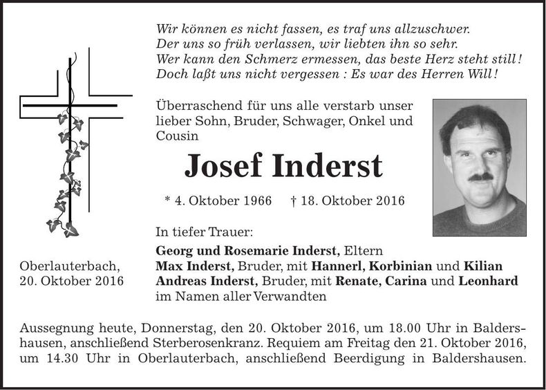 Traueranzeige Josef Inderst