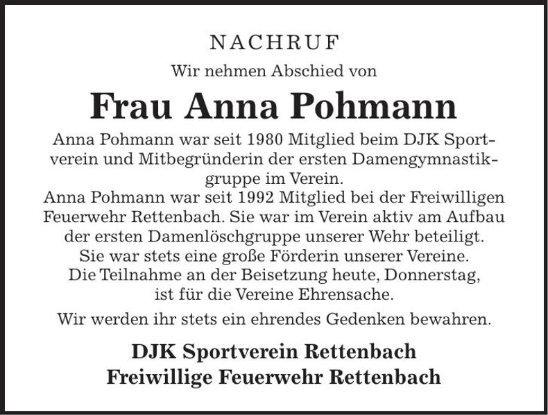 Traueranzeige Anna Pohmann