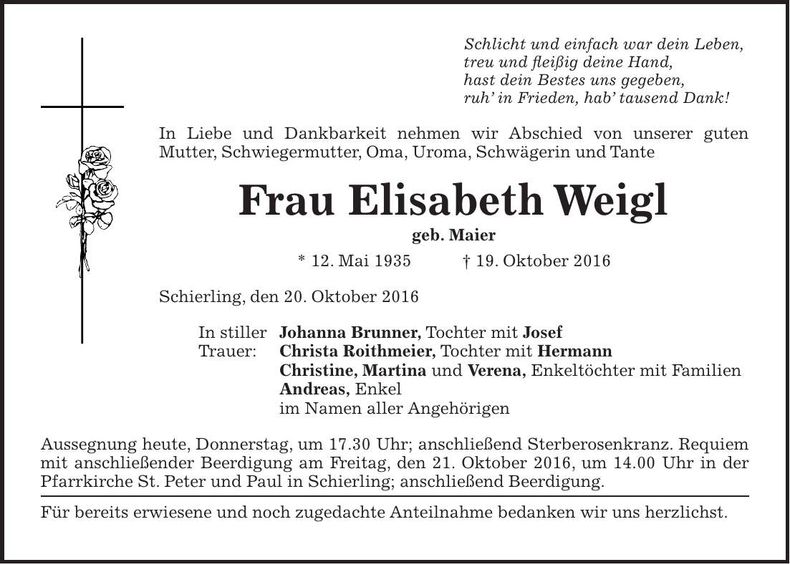 Traueranzeige Elisabeth Weigl