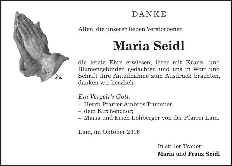 Traueranzeige Maria Seidl