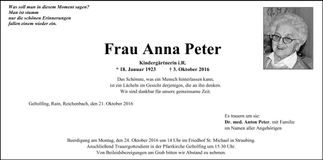 Traueranzeige Anna Peter